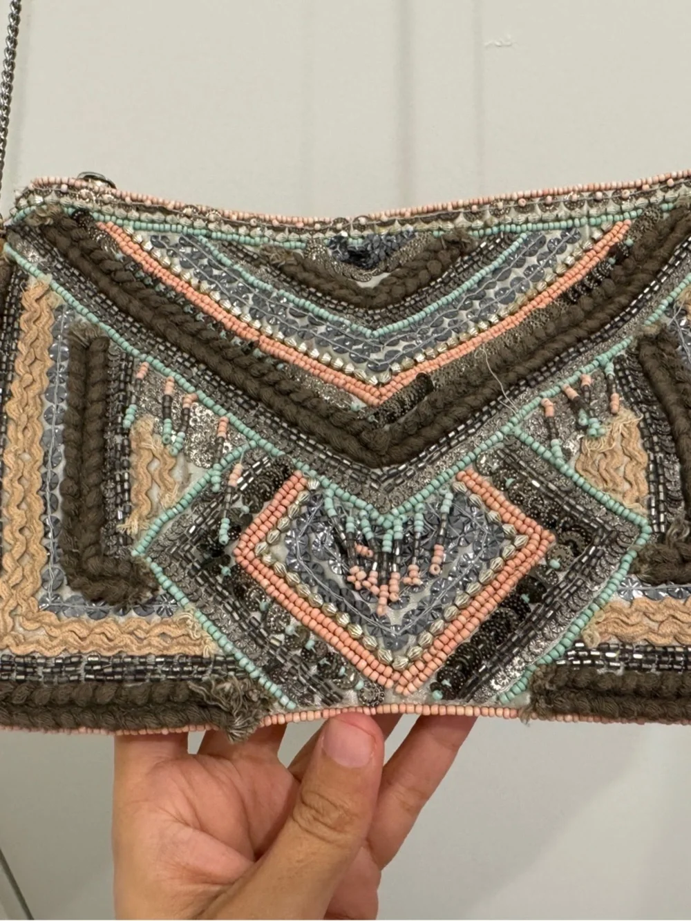 Boho Embroidered Crossbody Bag in Brown and Blush